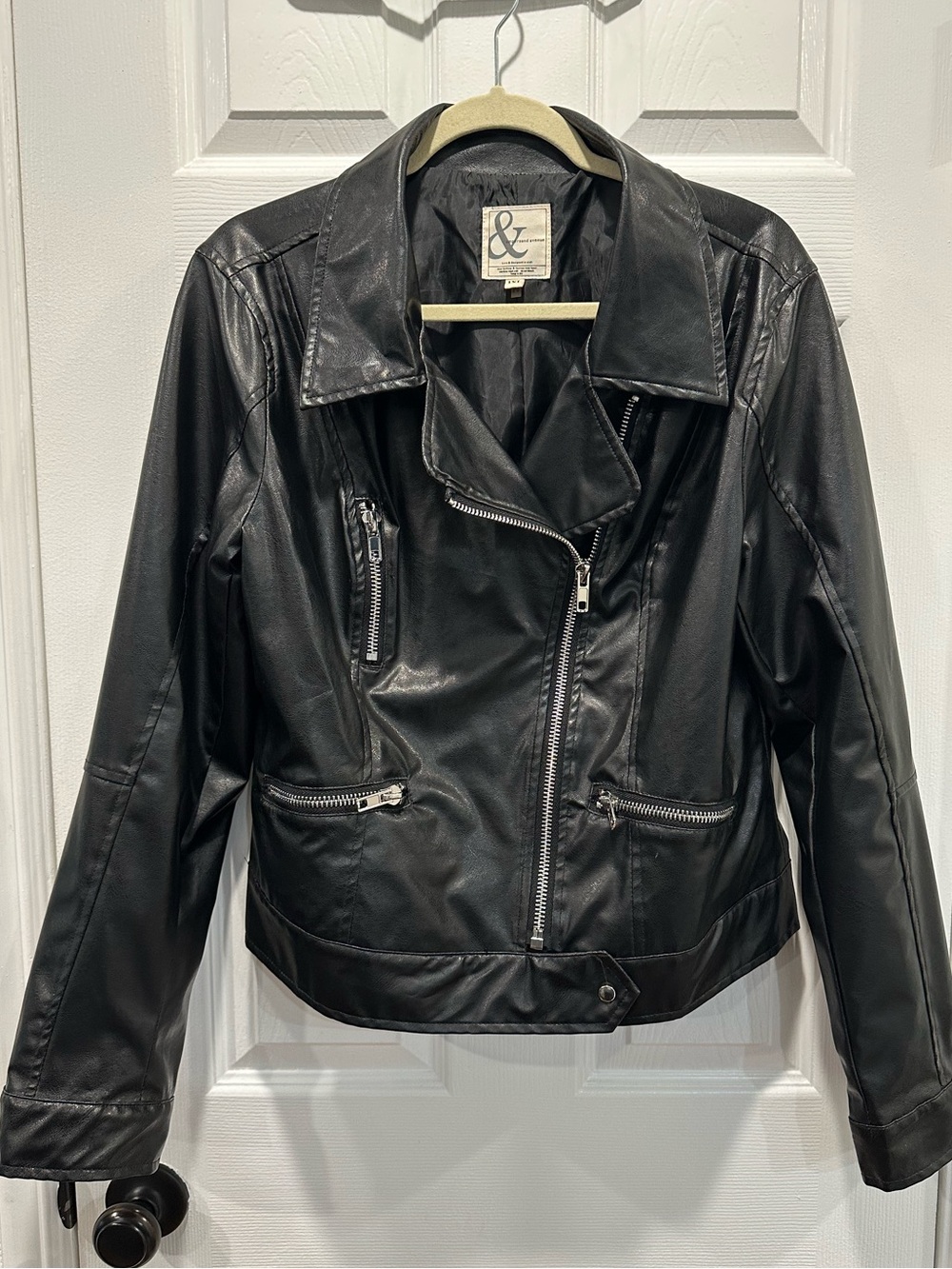AMPERSAND AVE Black Faux Leather Moto Jacket with Asymmetrical Zip